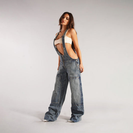Y2K Zipper Denim Overalls With Pockets Fashion Loose Suspender Jumpsuit Streetwear Jeans Pants Womens Clothing - MANDOTOS