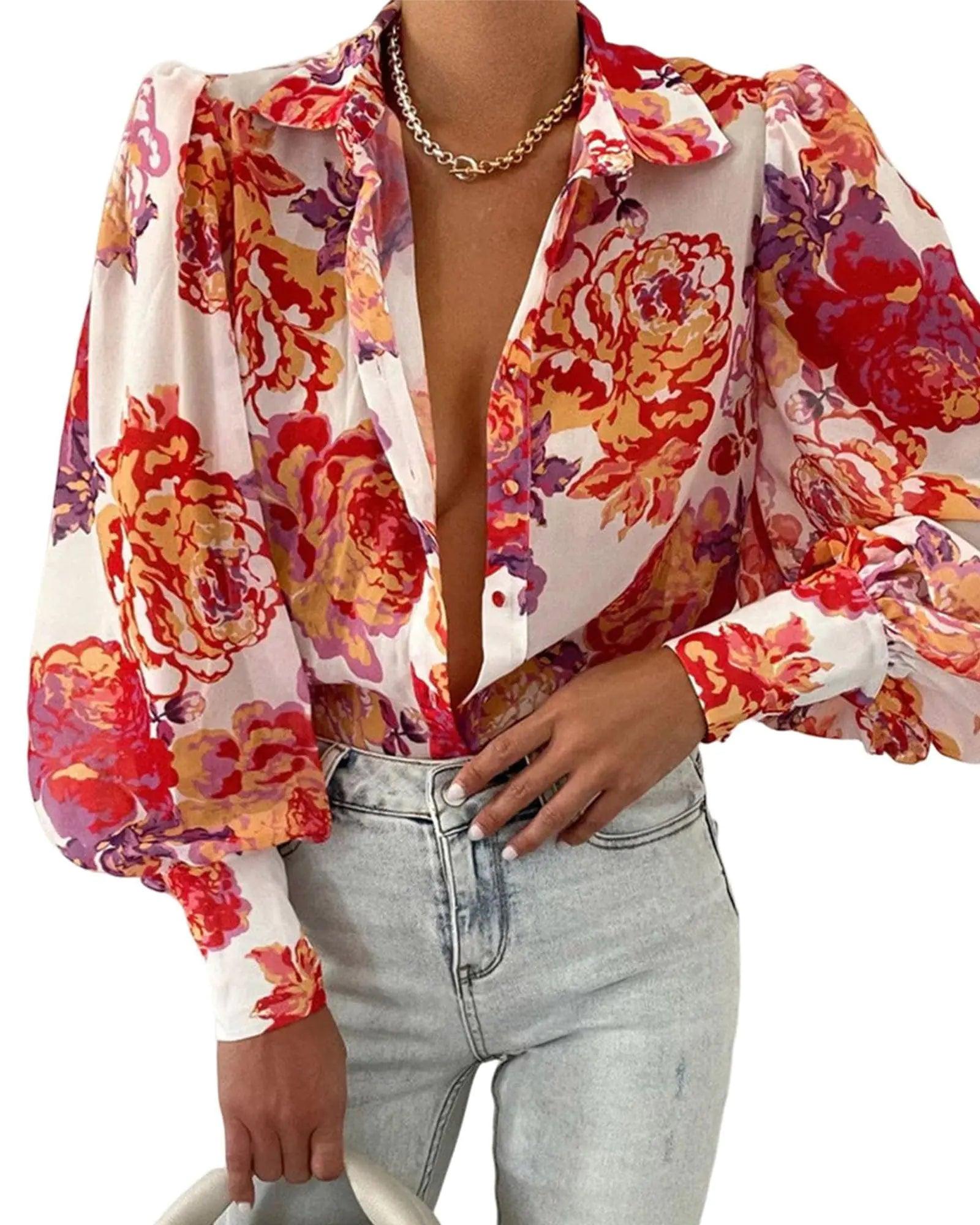 BTFBM Women's Boho V-Neck Button-Down Blouse - MANDOTOS