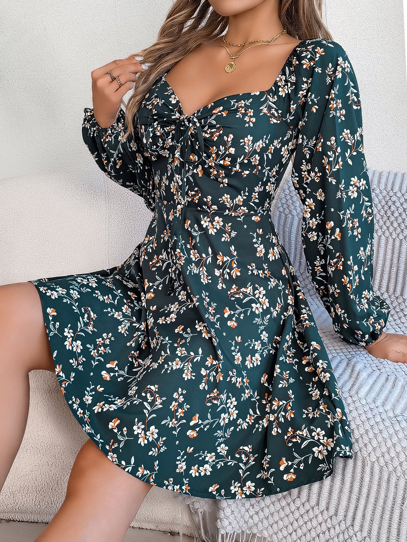 Fashion Floral Print Lantern Sleeve Dress Casual Sexy Tie Square Neck Long Sleeve A-Line Dress Women's Clothing - MANDOTOS