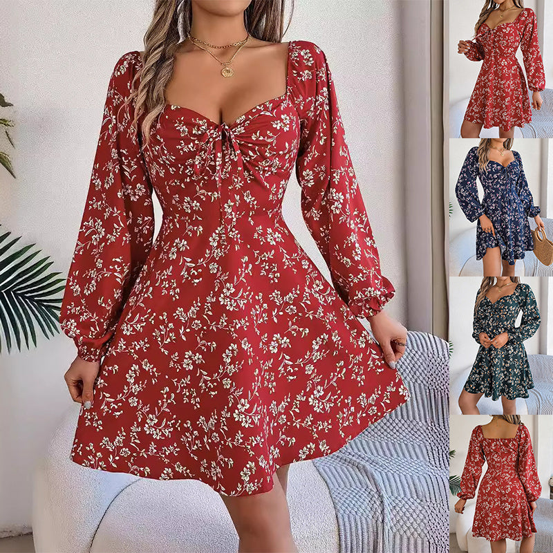 Fashion Floral Print Lantern Sleeve Dress Casual Sexy Tie Square Neck Long Sleeve A-Line Dress Women's Clothing - MANDOTOS