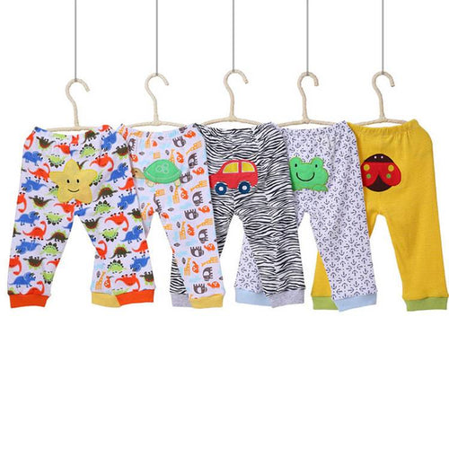 Set of five children's leggings with colorful cartoon prints from Ancient Energy, featuring playful designs for kids.