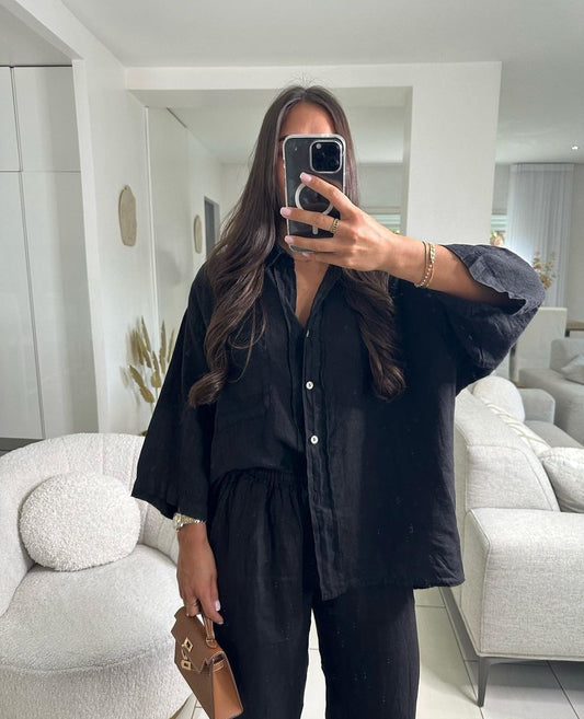 Casual Polyester Pocket Shirt Pants Suitable For Women's Wide Leg Pants, Long Sleeved Shirt Set, Women's Loose High Street Two-piece Set - MANDOTOS