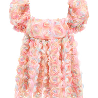 Ladies' blush floral puff sleeve mini dress by Mandotos International, featuring a feminine floral pattern and puff sleeves.