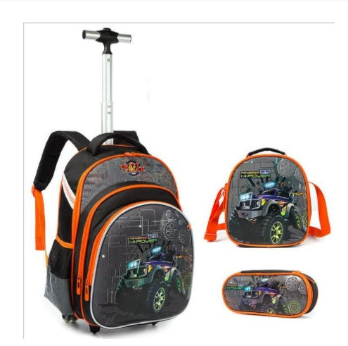 Three-piece Ancient Energy trolley bag set for primary school students, featuring colorful cartoon designs and sturdy wheels.