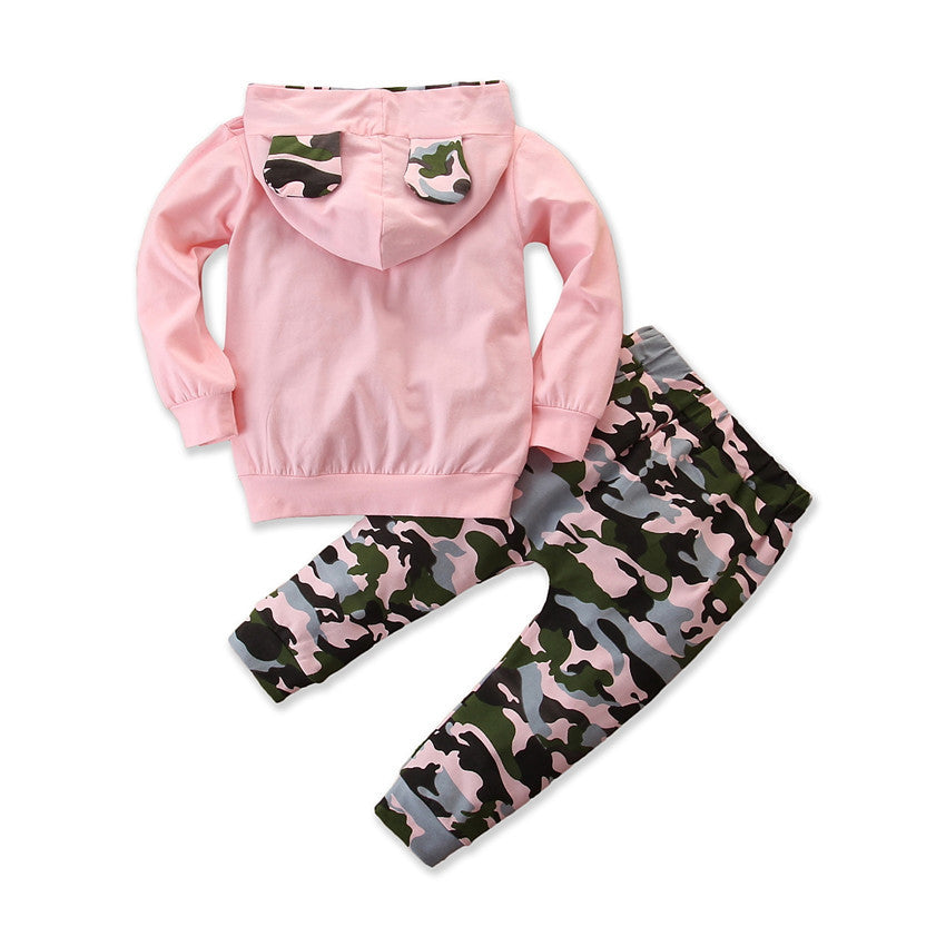 Girls camouflage hooded sweater and pants set by Ancient Energy, suitable for spring and autumn, with a cozy, stylish look.