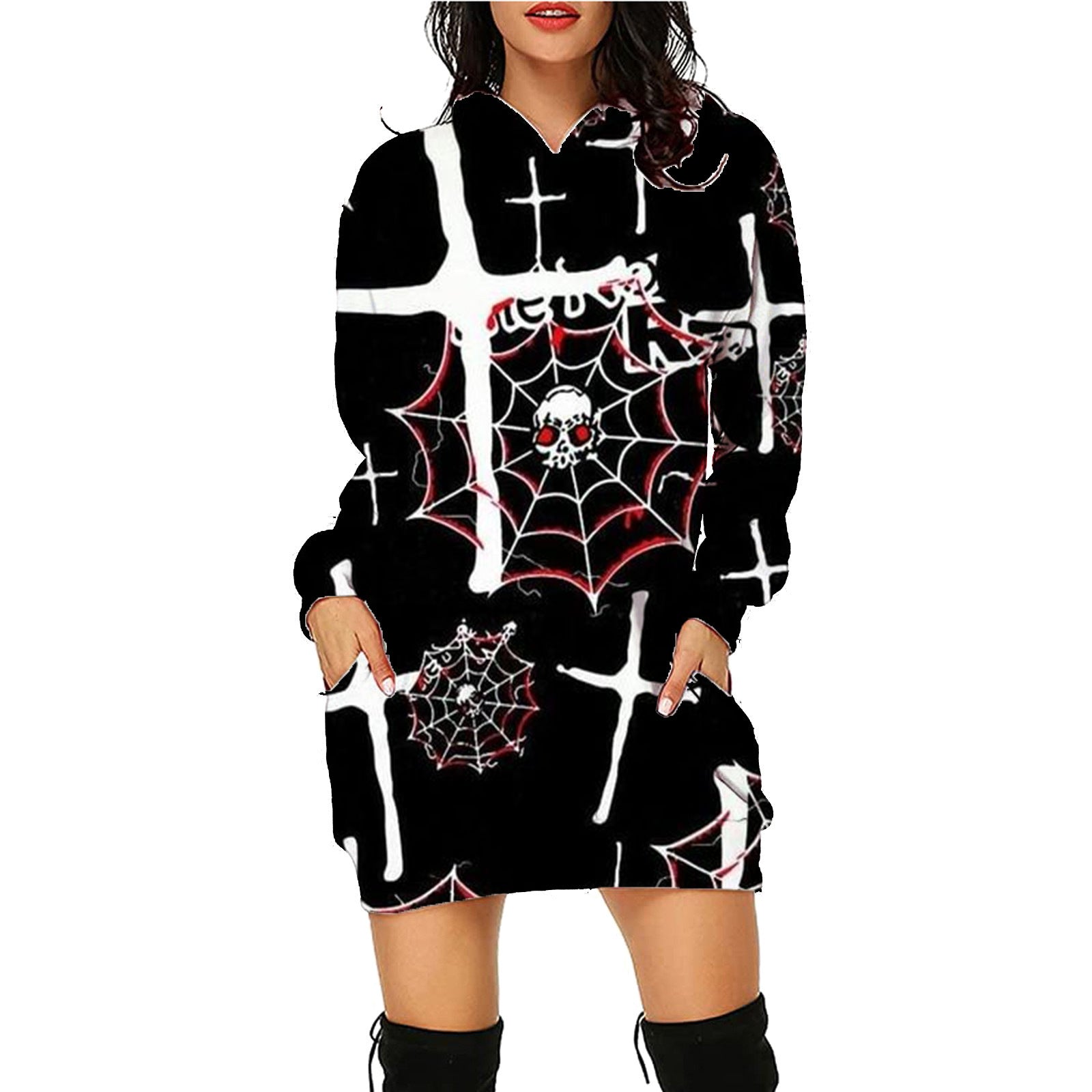 Halloween Print Long Hoodie With Pockets Sweater Long Sleeve Clothes Women - MANDOTOS