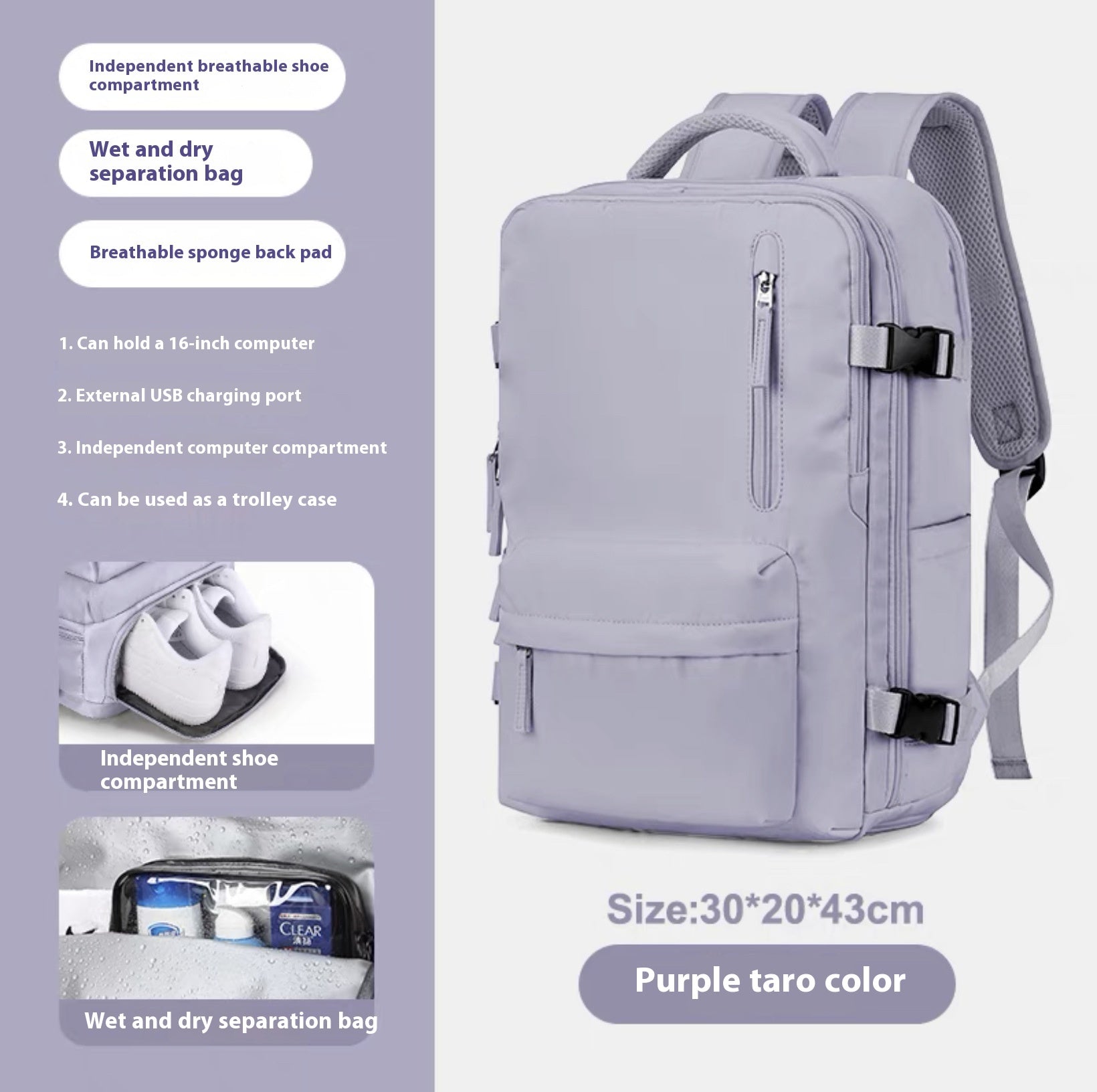 Ancient Energy large capacity travel backpack with multiple compartments, suitable for students and school use.