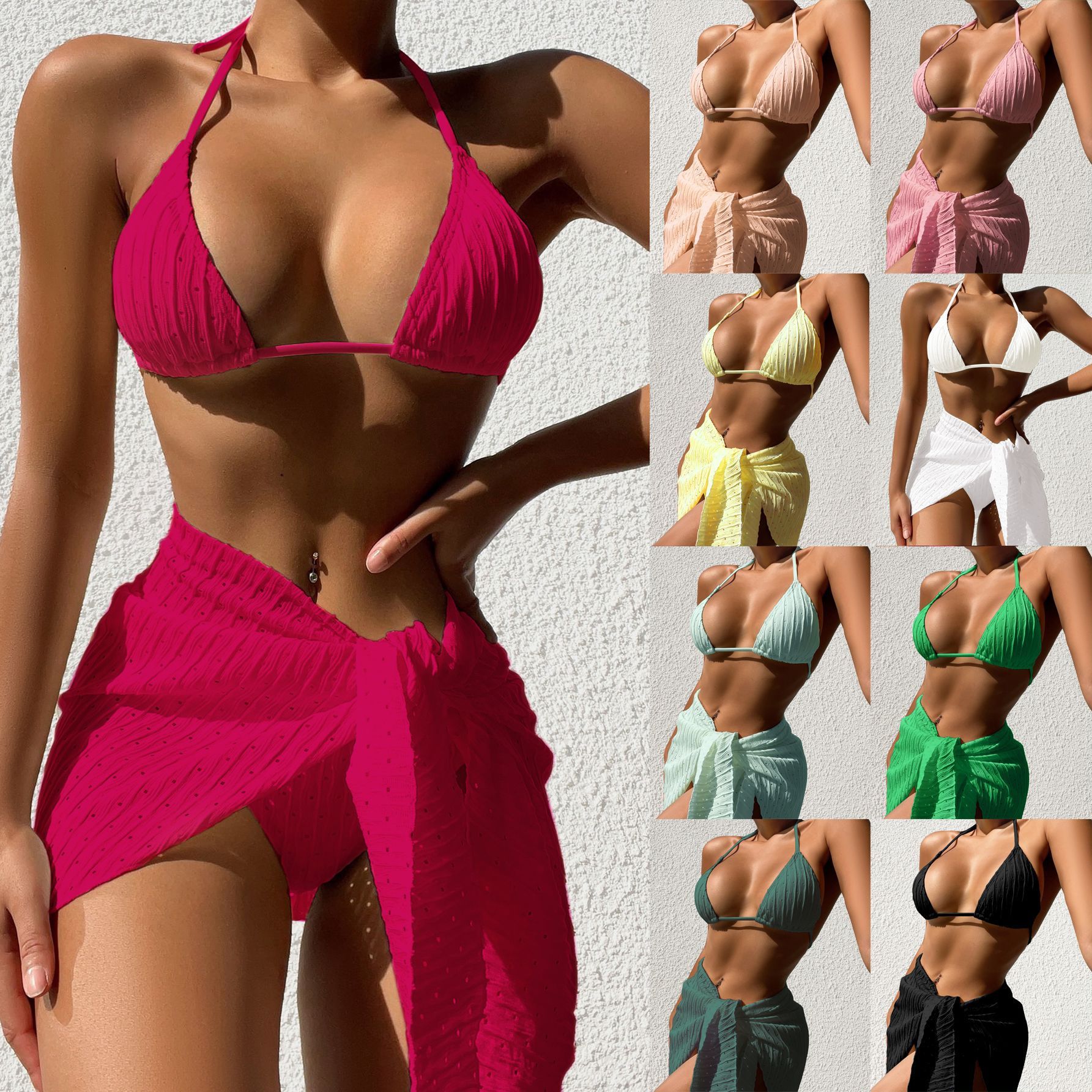 3pcs Halterneck Swimsuit Set Beach Solid Color Sexy Backless Bikini With Mesh Skirt Summer Womens Clothing - MANDOTOS
