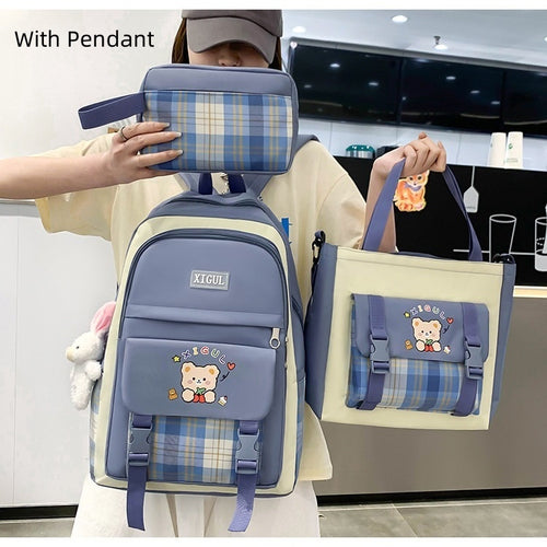 Ancient Energy high school plaid three-piece student backpack set with large capacity, featuring a school bag, pencil case, and matching accessories.