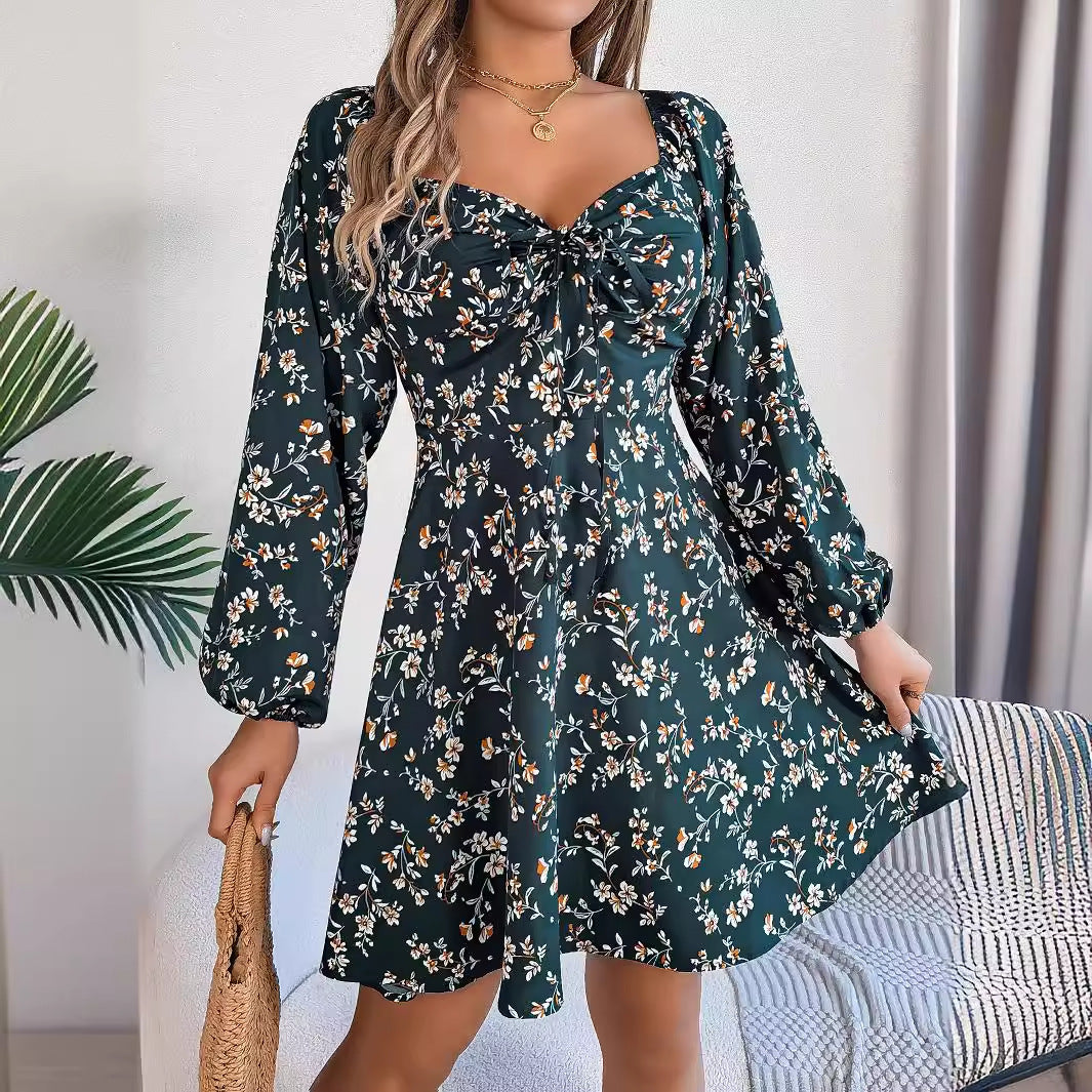 Fashion Floral Print Lantern Sleeve Dress Casual Sexy Tie Square Neck Long Sleeve A-Line Dress Women's Clothing - MANDOTOS