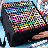 Ancient Energy 120 Colors Marker Pens set with manga brush tips, ideal for students and artists, arranged in a colorful palette.
