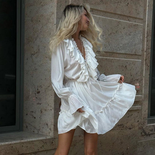 Fashion V Neck Pleated Ruffle Long Sleeve Dress Y2K V Neck Flared Sleeve Short Dress Women's Clothing - MANDOTOS
