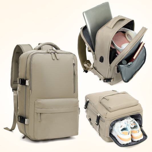 Ancient Energy large capacity travel backpack with multiple compartments, ideal for students and school use, in black color.
