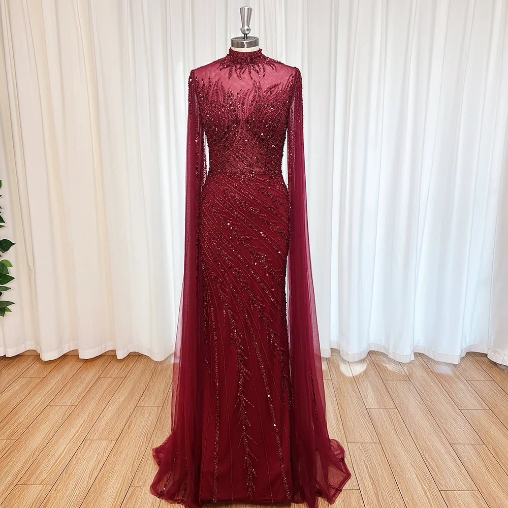 Eshaut&bridal Luxury Beaded Evening Dress Cape Sleeve Dubai Sheer Neck Mermaid Formal Prom Wedding Party Gown Customized 2026