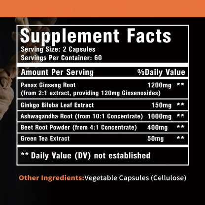 Panax Ginseng Supplement - Improve Memory and Concentration, Enhance Energy Endurance - 120 Capsules - MANDOTOS