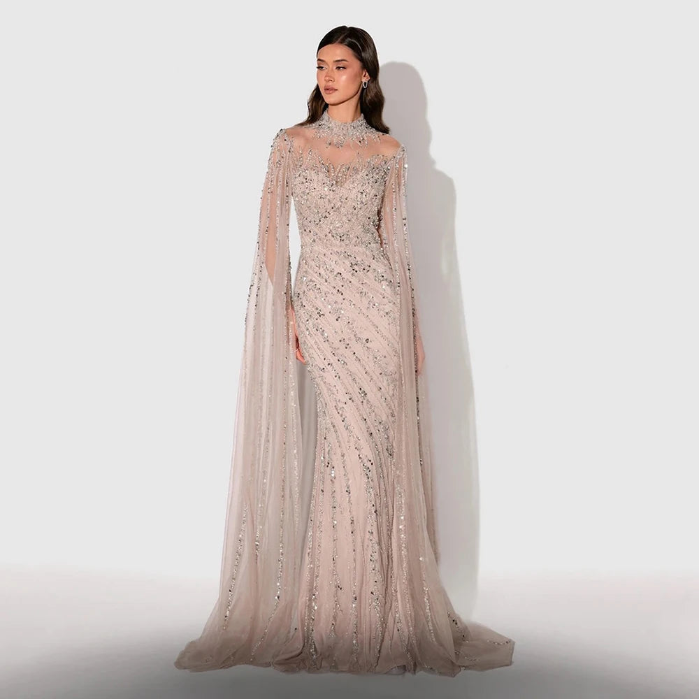Eshaut&bridal Luxury Beaded Evening Dress Cape Sleeve Dubai Sheer Neck Mermaid Formal Prom Wedding Party Gown Customized 2026