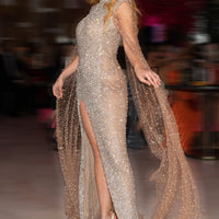 Ava Long Cape Sleeve Beaded Dress