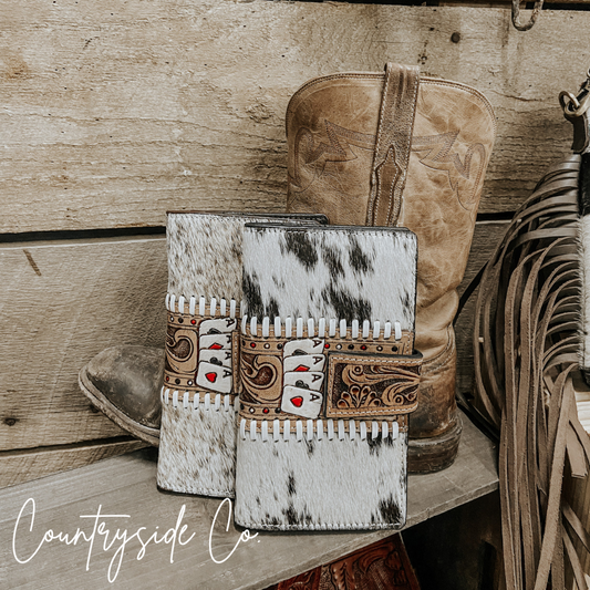 The Gambler Cowhide Wallet: Hand Painted, Unique, 11 Card Slots, 2 Compartments, 7.5x4.5in. - Wallet