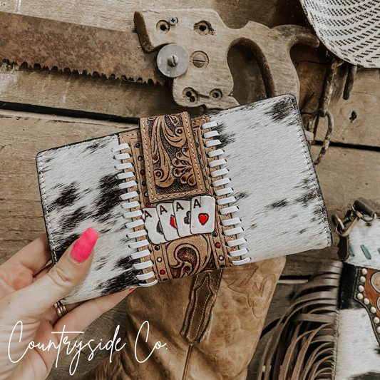 The Gambler Cowhide Wallet: Hand Painted, Unique, 11 Card Slots, 2 Compartments, 7.5x4.5in. - Wallet