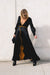 Adrienne Black Silk Dress: Luxury Long Gown with Orange Details, V-Neck, and Elegant Long Sleeves - Dresses