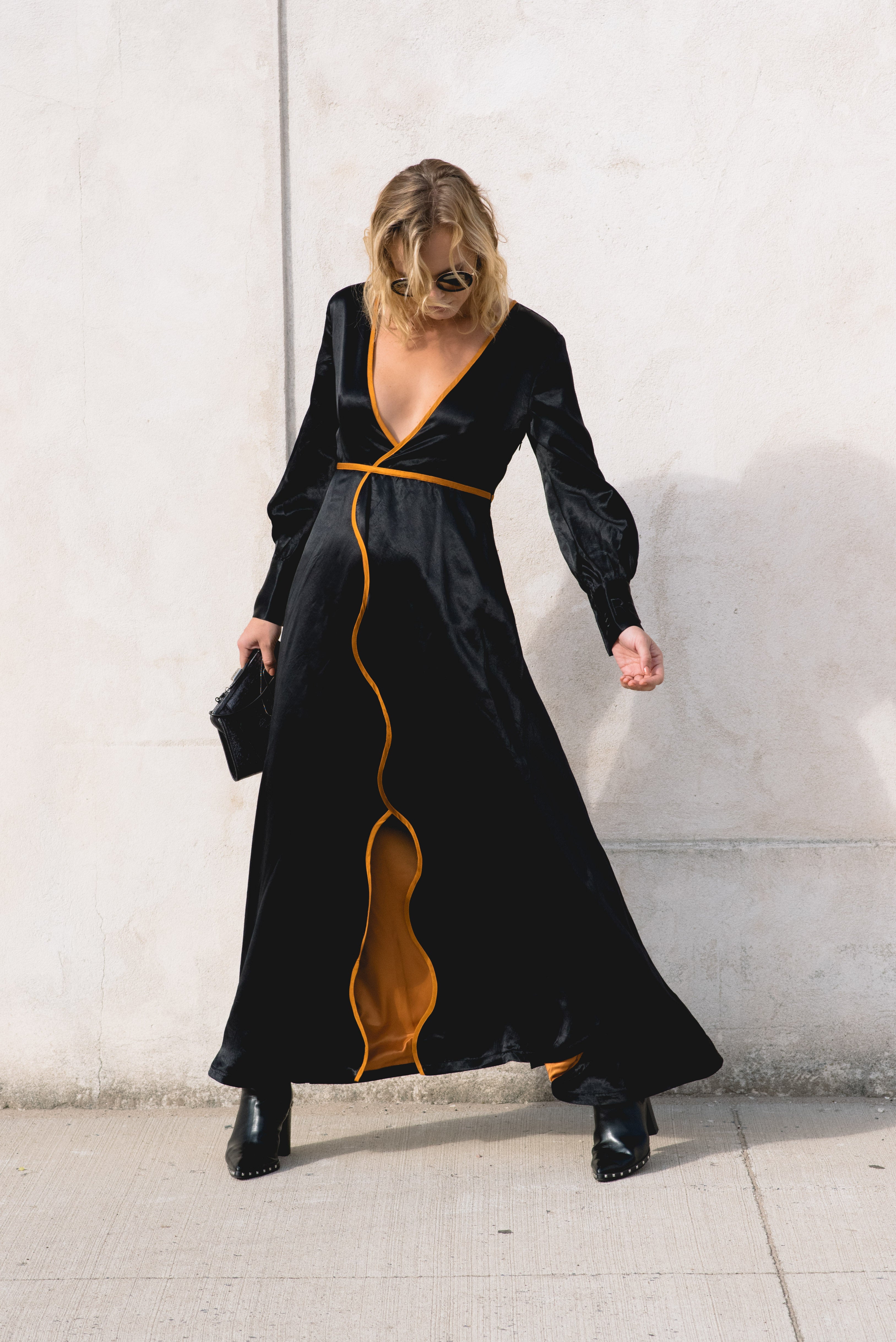 Adrienne Black Silk Dress: Luxury Long Gown with Orange Details, V-Neck, and Elegant Long Sleeves - Dresses