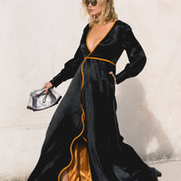 Adrienne Black Silk Dress: Luxury Long Gown with Orange Details, V-Neck, and Elegant Long Sleeves - Dresses