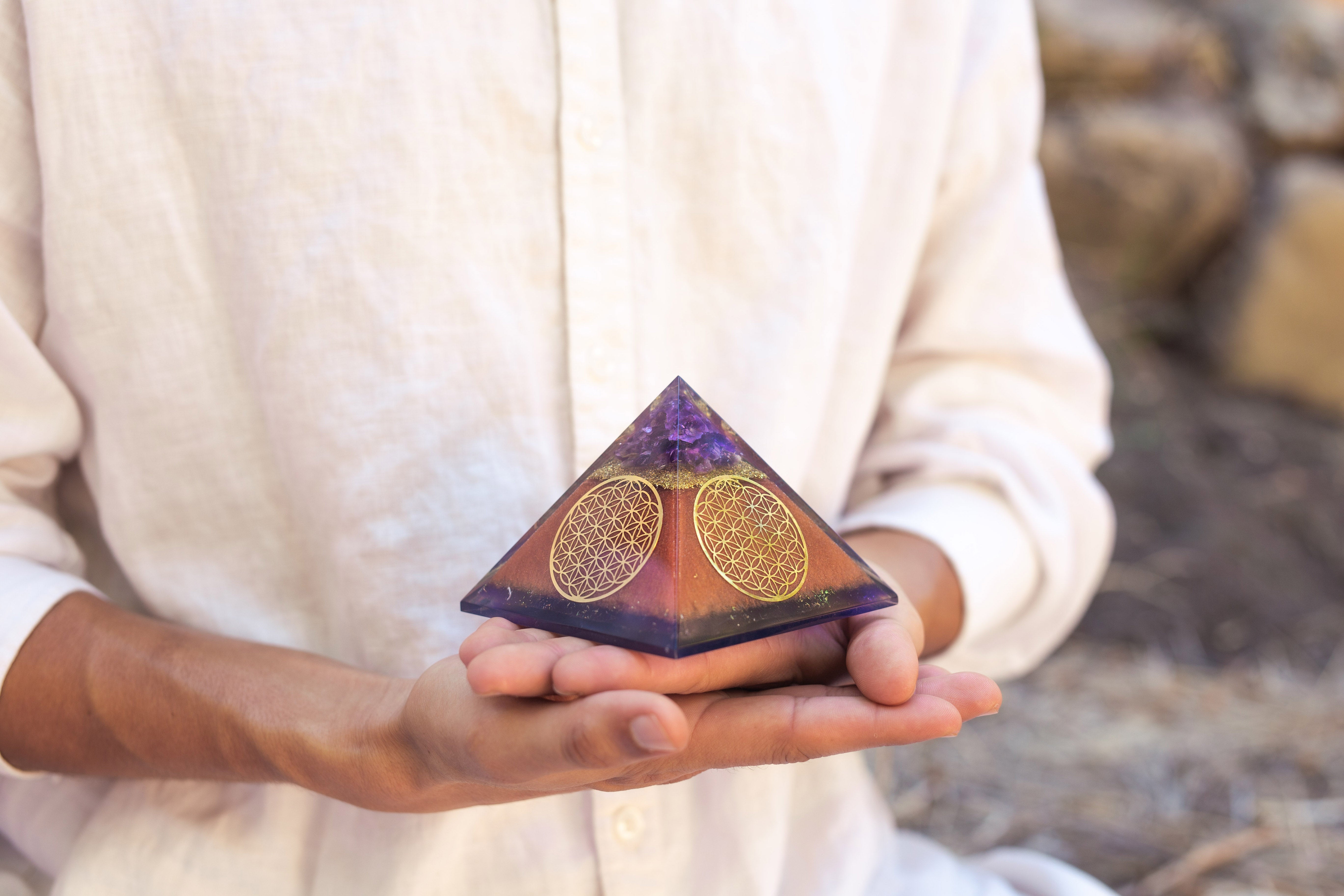 Flower of Life Copper Orgone Pyramid with Amethyst (Authentic- REAL)