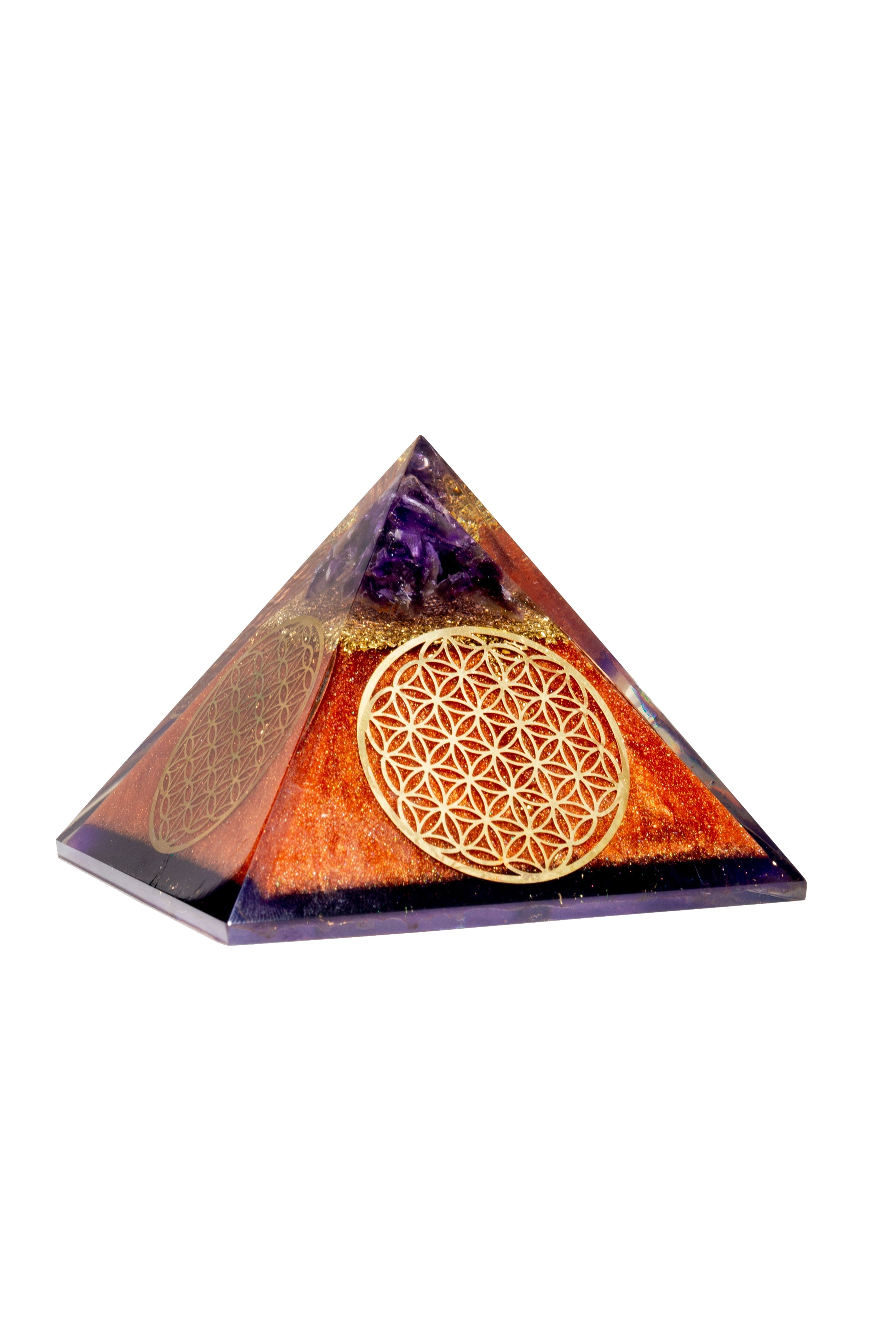 Flower of Life Copper Orgone Pyramid with Amethyst (Authentic- REAL)