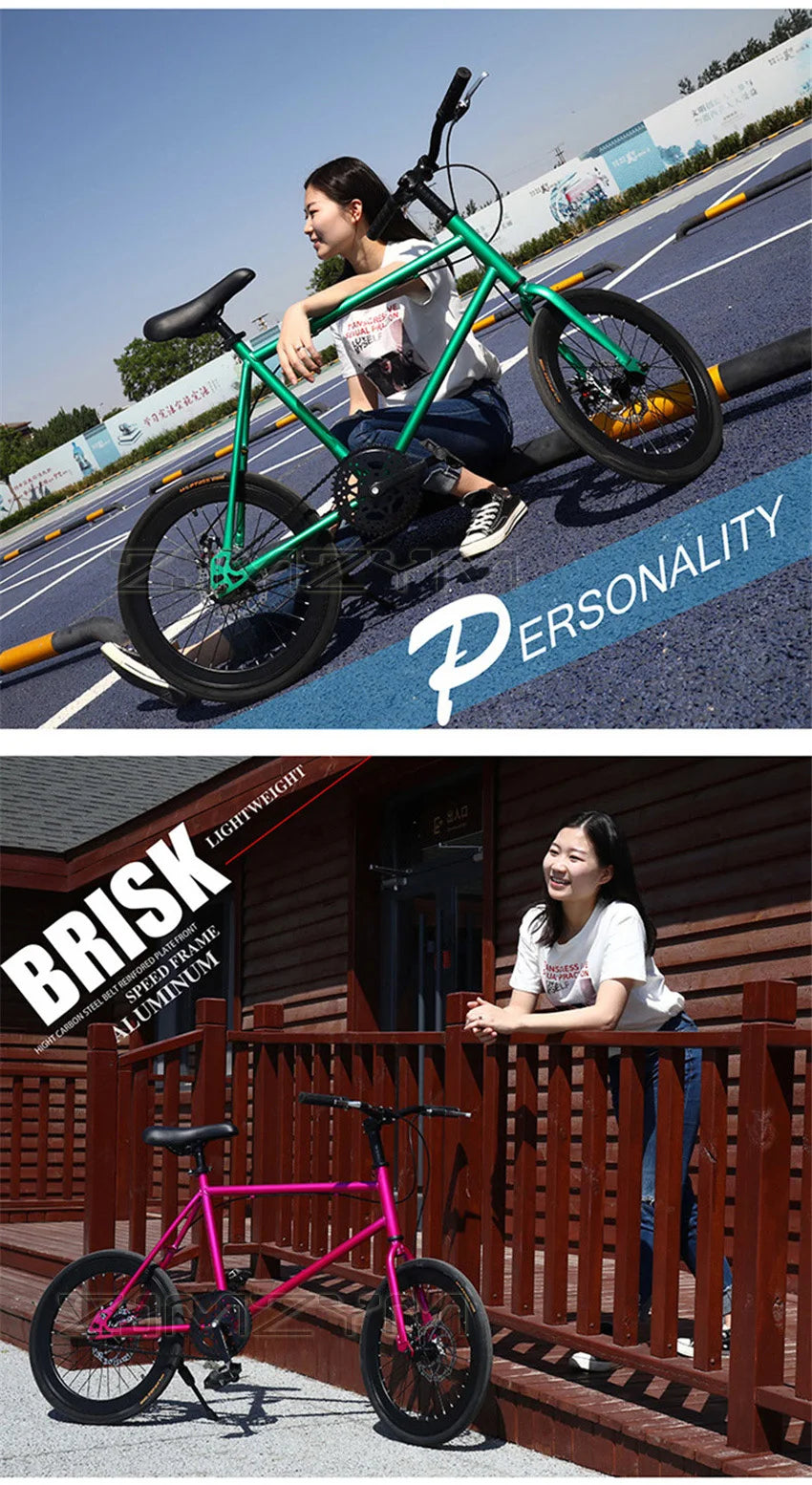 20 Inch Bike Single Speed Fixie Bike Double Dsic Brake Bicycle Freewheel Frame Mini Bicycle Height Adjustable 75-90cm