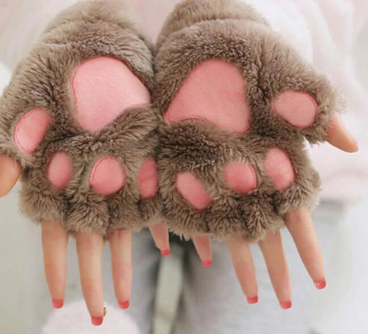 New Women Cute Cat Claw Paw Plush Mittens Warm Soft Plush Short Fingerless Fluffy Bear Cat Gloves Costume Half Finger Party Gift - MANDOTOS
