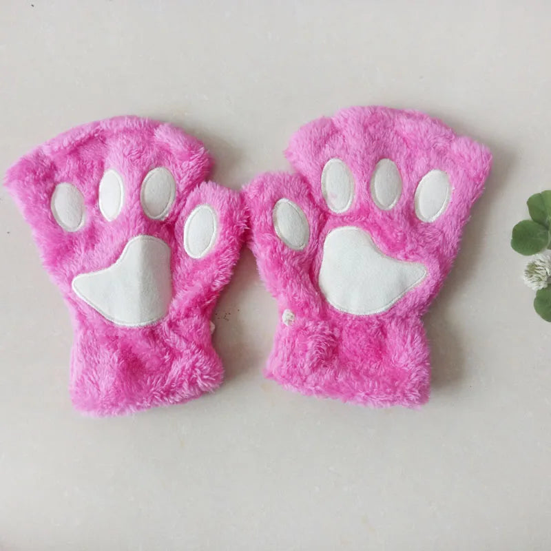 New Women Cute Cat Claw Paw Plush Mittens Warm Soft Plush Short Fingerless Fluffy Bear Cat Gloves Costume Half Finger Party Gift - MANDOTOS