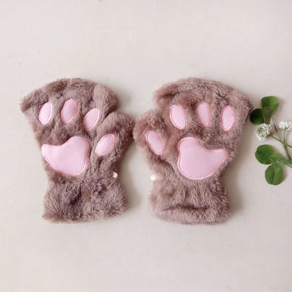 New Women Cute Cat Claw Paw Plush Mittens Warm Soft Plush Short Fingerless Fluffy Bear Cat Gloves Costume Half Finger Party Gift - MANDOTOS