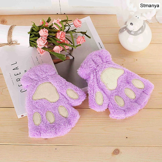 New Women Cute Cat Claw Paw Plush Mittens Warm Soft Plush Short Fingerless Fluffy Bear Cat Gloves Costume Half Finger Party Gift - MANDOTOS