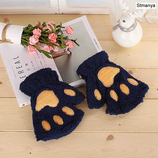 New Women Cute Cat Claw Paw Plush Mittens Warm Soft Plush Short Fingerless Fluffy Bear Cat Gloves Costume Half Finger Party Gift - MANDOTOS