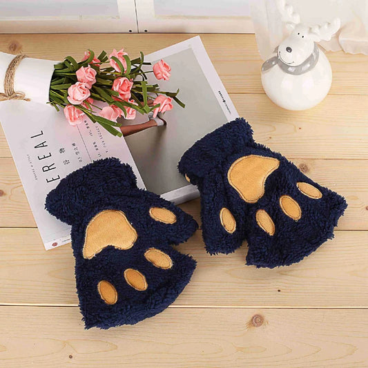 New Women Cute Cat Claw Paw Plush Mittens Warm Soft Plush Short Fingerless Fluffy Bear Cat Gloves Costume Half Finger Party Gift - MANDOTOS
