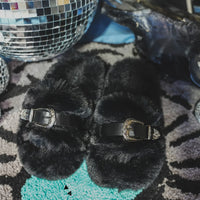 Cozy Fuzzy Slide Sandals with Western Buckle Details - Perfect for Black Friday & Vegas! -