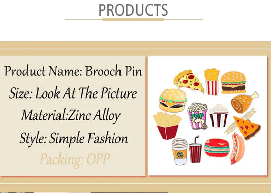 13 Style Snack Brooch Burger Pizza Chicken Drinks Coffee Popcorn French Fries Hot Dog Enamel Pins Food Brooche For Women Jewelry - MANDOTOS