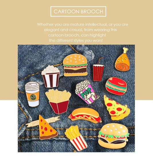 13 Style Snack Brooch Burger Pizza Chicken Drinks Coffee Popcorn French Fries Hot Dog Enamel Pins Food Brooche For Women Jewelry - MANDOTOS