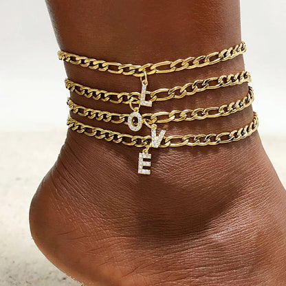Crystal A-Z Letter Initial Anklets Bracelet for Women ,Cuban Link Anklet Stainless Steel Beach Leg Foot Chains Wholesale - MANDOTOS