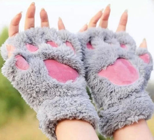 New Women Cute Cat Claw Paw Plush Mittens Warm Soft Plush Short Fingerless Fluffy Bear Cat Gloves Costume Half Finger Party Gift - MANDOTOS