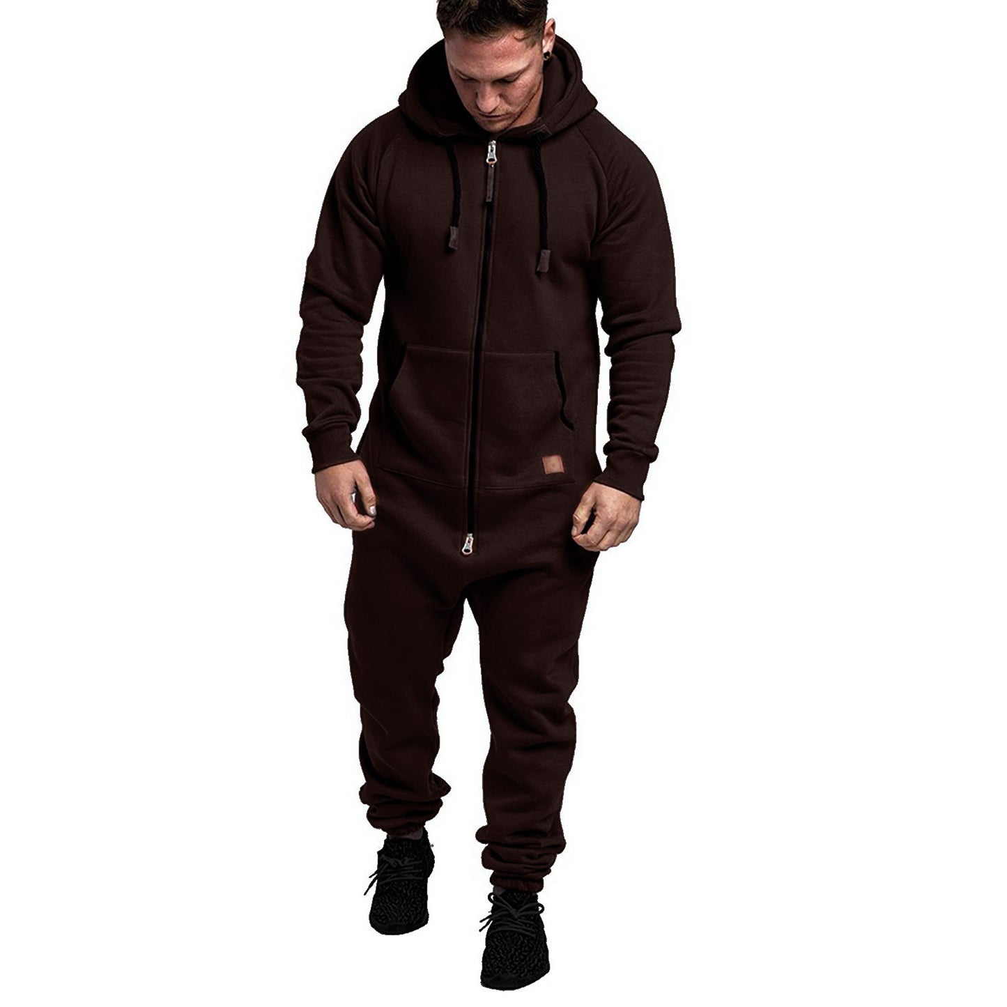 In-Stock New Foreign Trade Men's Hooded Fleece Jumpsuit Solid Color Casual Men's Suit Jumpsuit