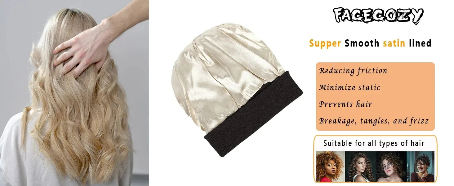 Unisex Satin Lined Beanie Hat For Women Winter Silk Lining Slouchy Warm Cuffed Skullies 2Layer Hair Cover Sleep Cap
