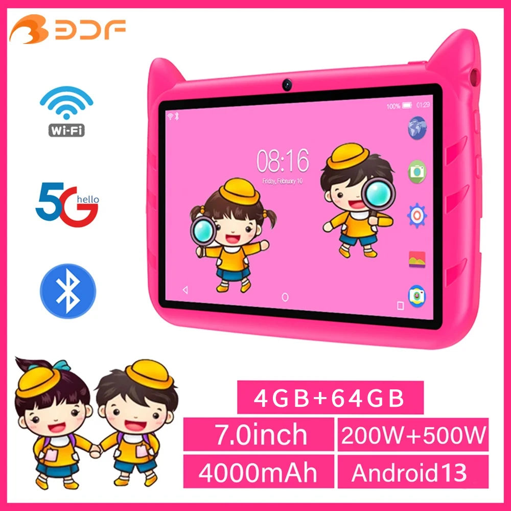 BDF 7 Inch Kid Tablet Android 13, 4GB RAM 64GB ROM,1TB Expand,5G WiFi,4000MAH Battery,Dual Camera, Children's Gift Kids Software - MANDOTOS