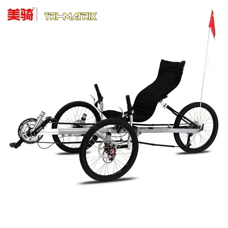 Lying on a tricycle, 3 shifting disc brakes, folding on a recumbent bike, casual commuting, riding a recumbent bicycle