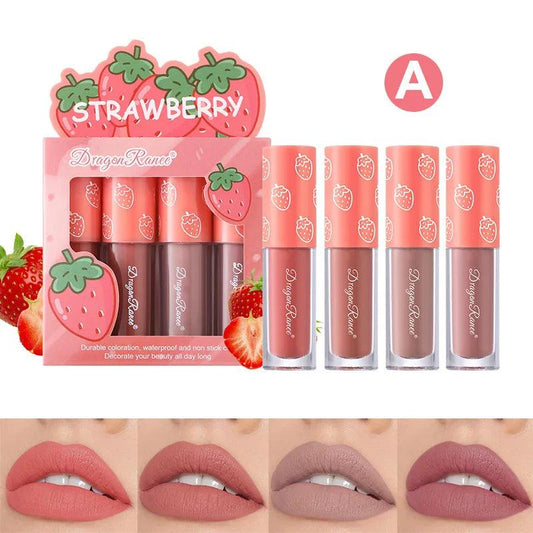 Mini Velvet Matte Lip Gloss Set 4 Piece Long Lasting Non Fading Non Stick Cup Fruit Scented Lip Tint Smooth Lightweight - MANDOTOS