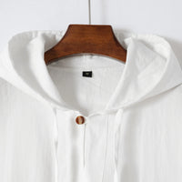 2025 Men's Summer Fashion Casual Cotton and Linen Sports Hooded Shirts, Personalized One-Button Drawstring Solid-Color Pullovers