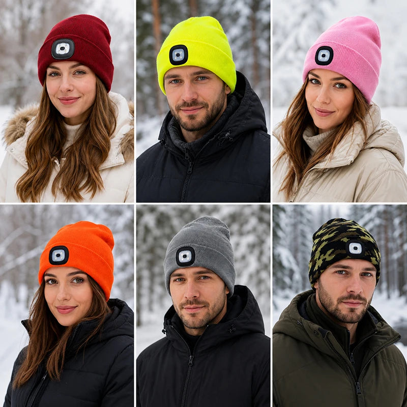 Winter Men Beanie Hat with LED Light Rechargeable Knitted Hat for Woman Cap Night Running Fishing Riding Sports Teenager Beanies