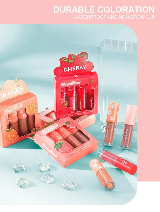 Mini Velvet Matte Lip Gloss Set 4 Piece Long Lasting Non Fading Non Stick Cup Fruit Scented Lip Tint Smooth Lightweight - MANDOTOS