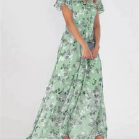 Women Elegant Ruffle Short Sleeve V Neck Pullover Dresses Sweet Style Small Flower Print High Waist Dress Female New Casual Gown