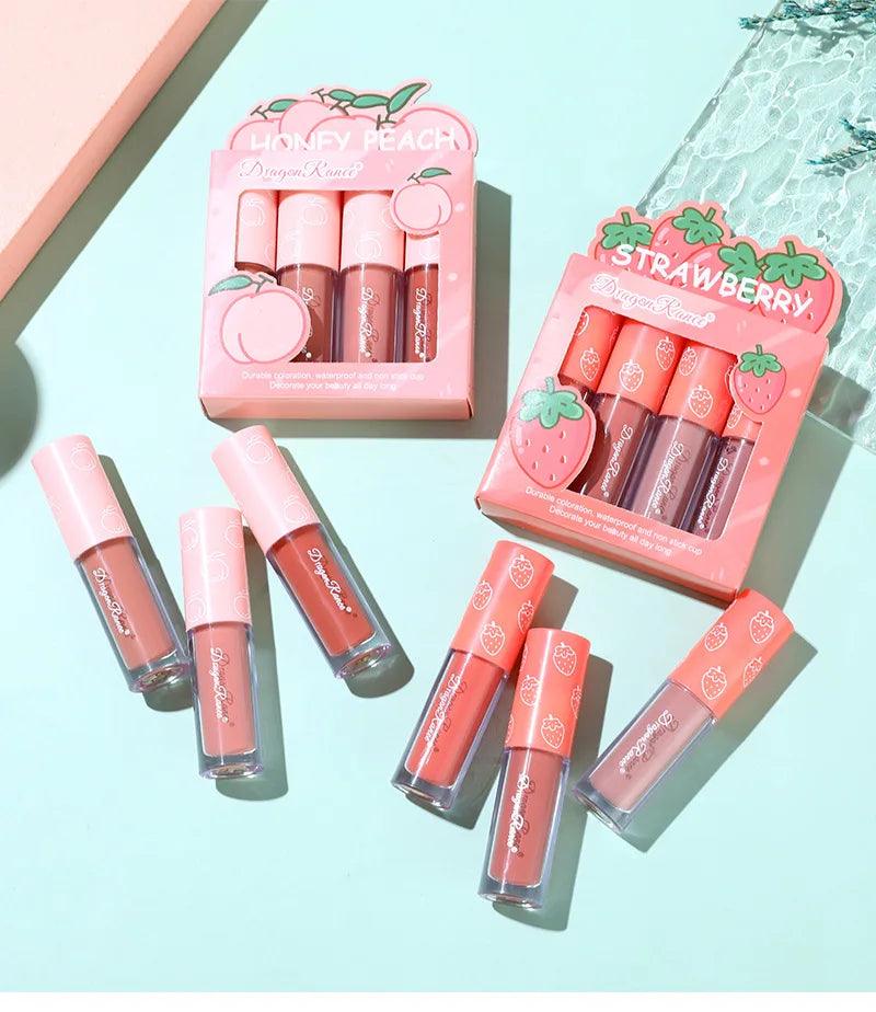 Mini Velvet Matte Lip Gloss Set 4 Piece Long Lasting Non Fading Non Stick Cup Fruit Scented Lip Tint Smooth Lightweight - MANDOTOS